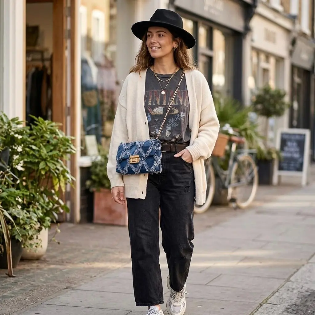Bolso Bandolera Denim Jessi con Cadena Dorada y Patrón Geométrico - Imagen 3